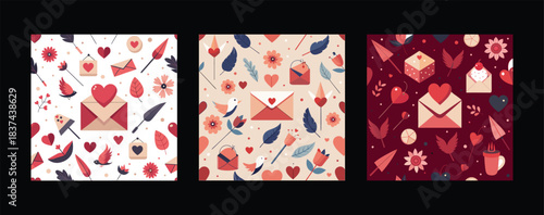 Seamless Valentine pattern set with love letters and cute birds. Romantic background with envelopes, arrows and hearts. Flat vector mail texture.