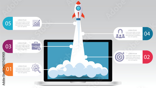 Rocket Launch Startup Business Infographic Vector Template, 5 Steps Process Flow Diagram with Laptop, Technology, and Project Progress Concept.