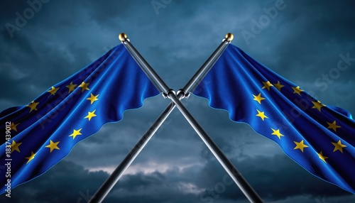 4K HD National flag Background  - European Union flags crossing against a dramatic sky