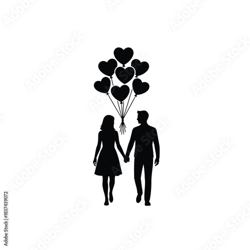 Silhouette of a couple holding hands with family and love theme