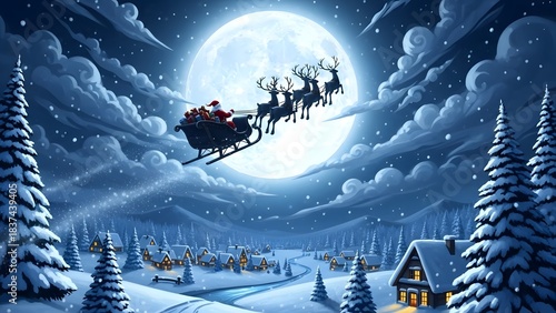 Santa’s Sleigh Full of Gifts Gliding Through Star-Lit Sky with Reindeer Over a Bright Winter Village