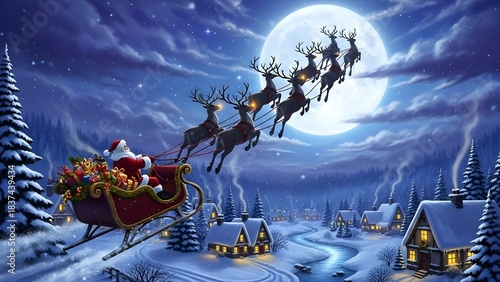 Magical Santa Claus Flying Across Starry Night Sky in Gift-Filled Sleigh Over a Glowing Snowy Village