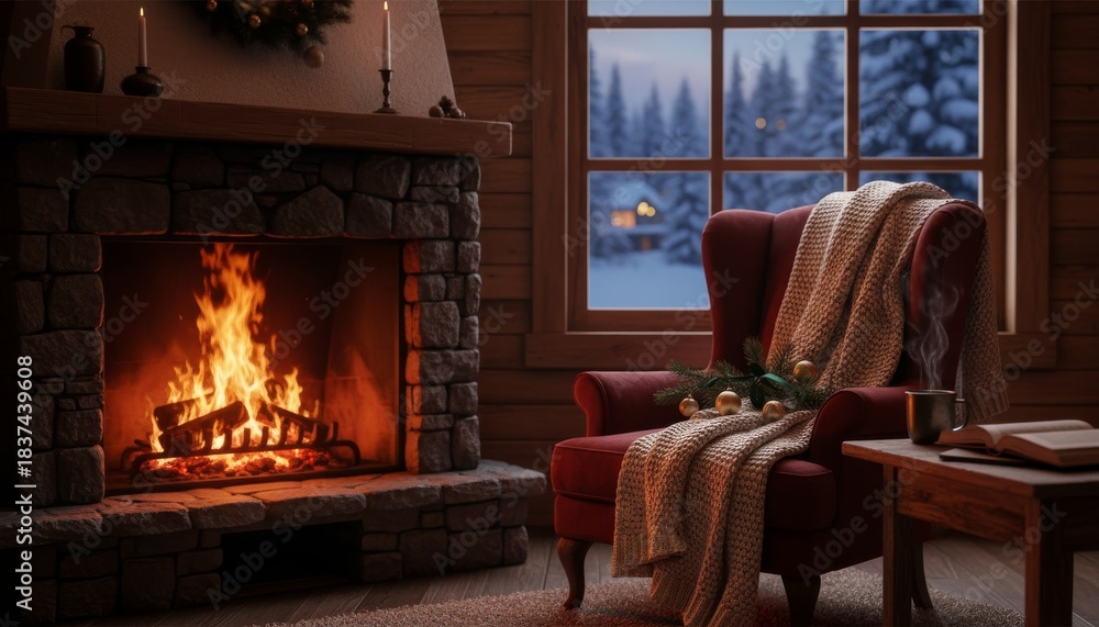 Fototapeta premium Cozy rustic stone fireplace and armchair create a warm, inviting atmosphere in a wooden cabin, with a snowy winter forest visible through the window