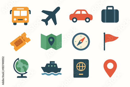 Car vector suitcase globe bus set location ferry flag travel compass icon