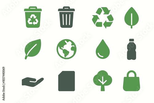 Minimal vector recycle bottle tree trash icon bin leaf can hand