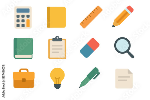 Bag calculator clipboard pen vector minimal icons icon eraser magnifier study ruler