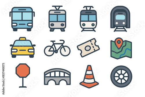 Bicycle icons transport public icon metro taxi tram vector bridge bus stop