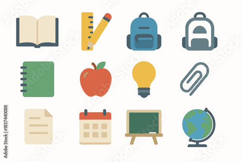 Minimal backpack education notebook paperclip lightbulb icons globe book vector icon document