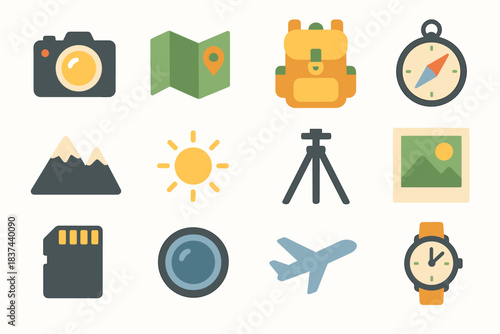 Vector mountain backpack frame icons travel compass watch icon photography airplane memory
