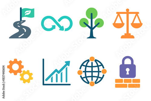 Strategic Icons. Long-Term Strategy modern flat vector icons: roadmap with sustainability flag, continuous loop arrow, growth tree, balance symbol, innovation gears, steady