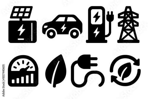 Brutalist Green Tech Icons. Green Technology silhouette set: solar inverter, electric car, charging dock, smart grid, energy meter, eco leaf, power cable, sustainability symbol