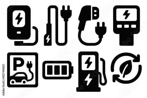 Bold EV Icons. Charging Infrastructure silhouette set: wall charger, charging cable, EV connector, energy meter, parking spot, battery indicator, station hub, renewable symbol
