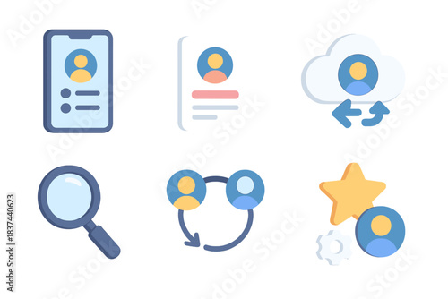 Isometric Contact Icons. Digital Directoryset icons in modern isometric flat vector style: smartphone with contacts, online profile, search magnifier, sync arrows, cloud storage,
