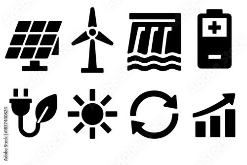 Bold Renewable Energy Icons. Renewable Generation silhouette set: solar panels, wind turbine, hydroelectric dam, energy battery, eco plug, sunlight rays, renewable loop, efficiency