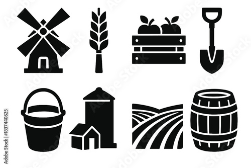 Rural Icons Collection. Rural Abundance silhouette set: windmill, wheat bundle, fruit crate, shovel, water pail, grain silo, field rows, wooden barrel