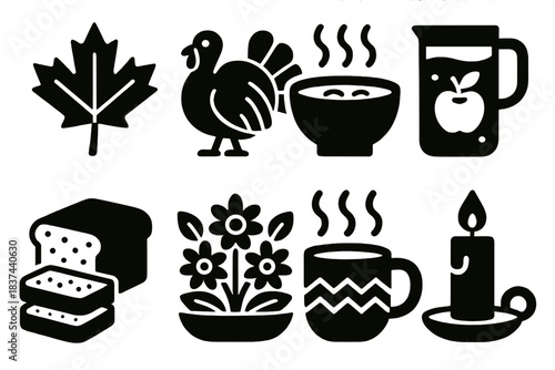 Brutalist Fall Icons. Fall Celebration silhouette set: maple leaf, turkey, warm soup bowl, apple cider, corn bread, table centerpiece, cozy mug, candlelight