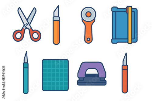 Colorful Craft Tool Icons. Craft Cutting Tools modern flat vector icons: scissors, craft knife, rotary cutter, paper trimmer, precision blade, cutting mat, hole punch, stencil