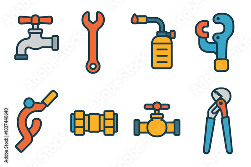 Plumbing Tools Icons. Installation Equipment modern flat vector icons: faucet wrench, basin wrench, soldering torch, tubing cutter, pipe bender, compression fitting, water valve,