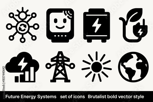 Brutalist Energy Icons. Future Energy Systems silhouette set: renewable network, AI energy monitor, smart inverter, eco charger, power data cloud, grid connection, light rays,