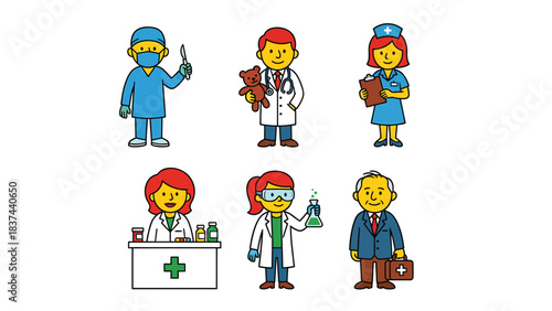 Diverse Medical Professionals Cartoon Set Doctors Nurses Pharmacist Scientist for Healthcare and Hospital Graphics