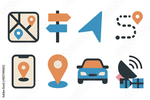 Geometric Navigation Icons. Mobile Directions in geometric flat style: map app, road sign, navigation arrow, route dots, phone screen, destination pin, car, satellite