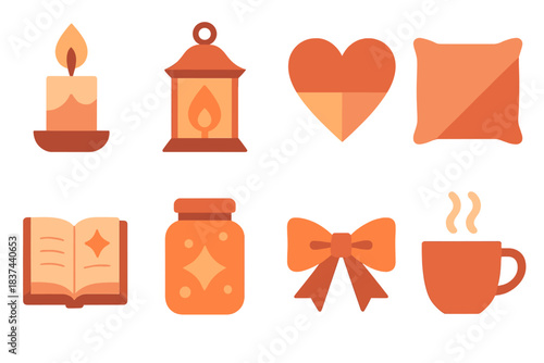 Geometric Romantic Icons. Romantic Glow in geometric flat style: candle, lantern, heart, soft pillow, book, glowing jar, ribbon, warm drink