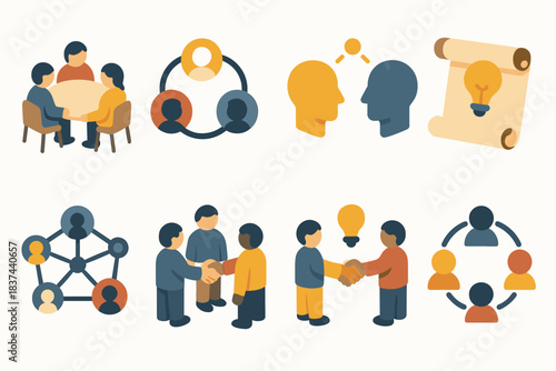 Isometric Knowledge Icons. Knowledge Circlesset icons in modern isometric flat vector style: people around table, linked heads, flow of ideas, open scroll, network of minds,