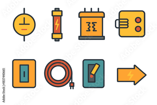 Power Circuit Icons. Power Circuits modern flat vector icons: voltage source, fuse, transformer, relay, switchgear, cable coil, circuit breaker, energy flow icon