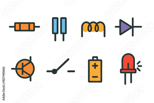 Minimal Circuit Icons. Basic Circuit Elements modern flat vector icons: resistor, capacitor, inductor, diode, transistor, switch, LED, battery