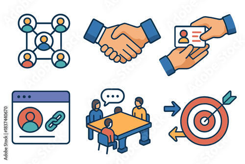Isometric Networking Icons. Professional Networkingset icons in modern isometric flat vector style: connected people nodes, handshake agreement, business card exchange, digital