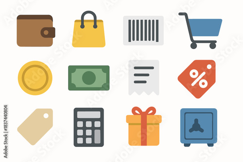 Icons shopping vector tag discount barcode banknote safe calculator e cart icon