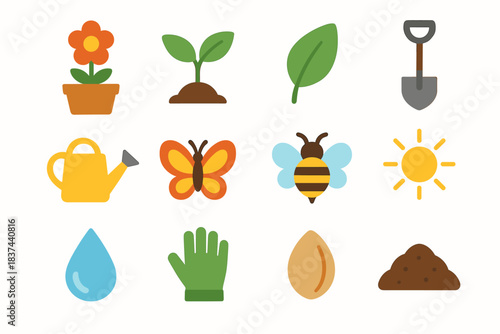 Icon sprout sun butterfly droplet watering vector garden seed icons leaf bee