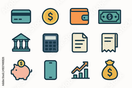 Vector modern cash phone piggy card finance bank wallet credit coin icon