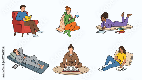 Diverse Group of People Relaxing and Reading Books and E readers in Cozy Settings