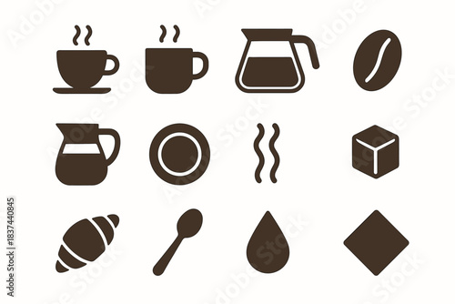 Mug set drop cube saucer spoon steam pot vector bean coffee icon