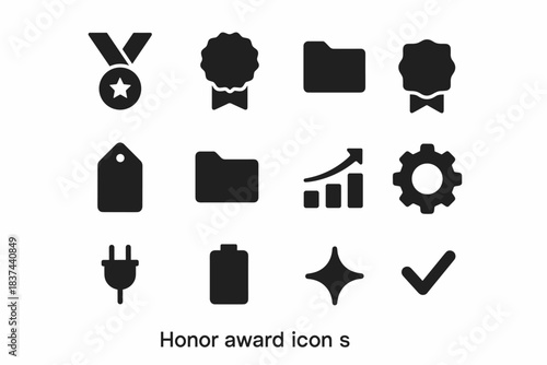 Award gear plug folder honor vector medal tag recognition battery checkmark icons