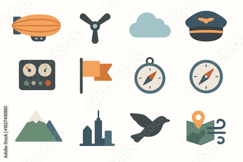 Hat flag propeller airship sky compass line set icon control vector panel