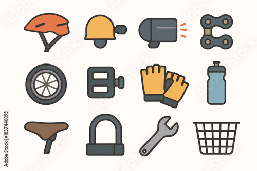 Basket icon light accessory bell bike icons helmet gloves tire vector seat