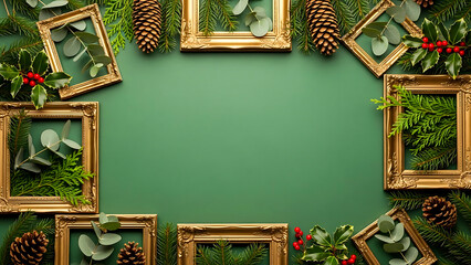Gold frames, pine cones, and greenery forming a natural Christmas border