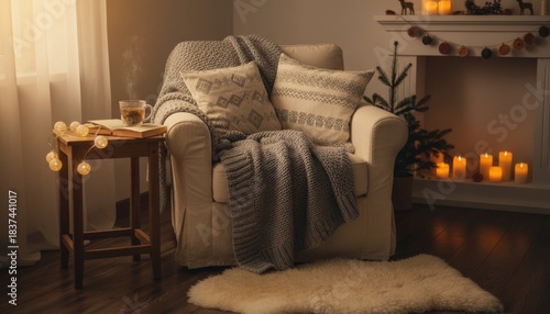 Cozy armchair with soft blanket and pillows sits invitingly in a warm, dimly lit room, adorned with festive lights, a steaming cup of tea, and a glowing fireplace