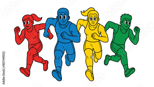 Diverse Cartoon Athletes Running in a Multi Color Sprint Race Representing Competition and Diversity