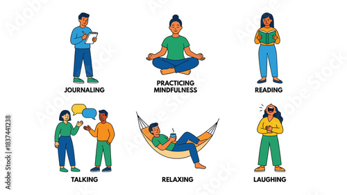Diverse People Practicing Self Care Activities for Mental Well being Journaling Mindfulness Reading Talking Relaxing Laughing
