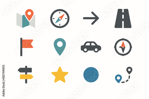 Icon circle pin direction arrow minimal flag car line signpost windrose vector