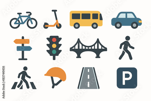 Pedestrian bridge transport crosswalk car icon city signpost icons vector helmet bicycle