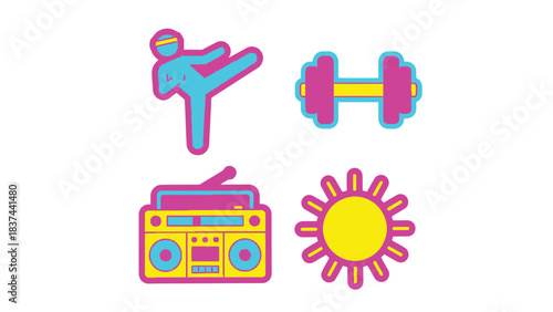 Retro Fitness Music and Fun Icons Vibrant 80s Vibe for Your Designs