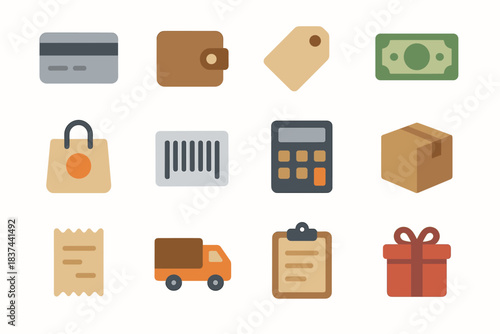 Wallet icon card set vector truck shopping calculator cash barcode bag clipboard
