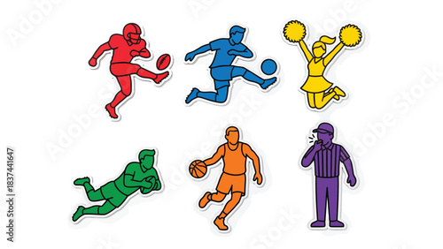 Vibrant Sports Icons Diverse Athletes and Referee Performing Action in Colorful Silhouettes
