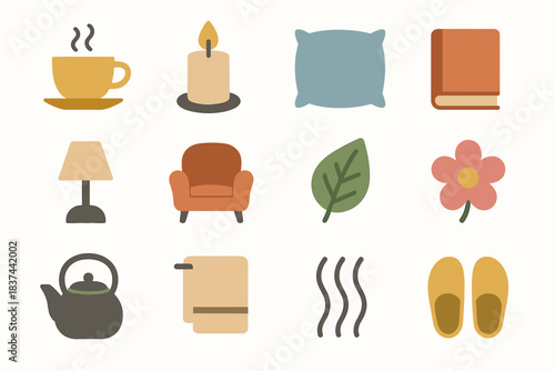 Lamp chair pillow book icon relaxation slipper steam set vector tea towel