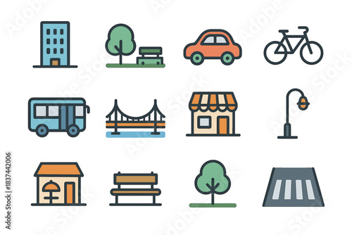 Vector car icon light bicycle urban pole bridge icons crosswalk tree building