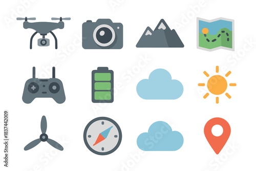 Icon camera aerial location pin sun compass photography icons drone battery propeller